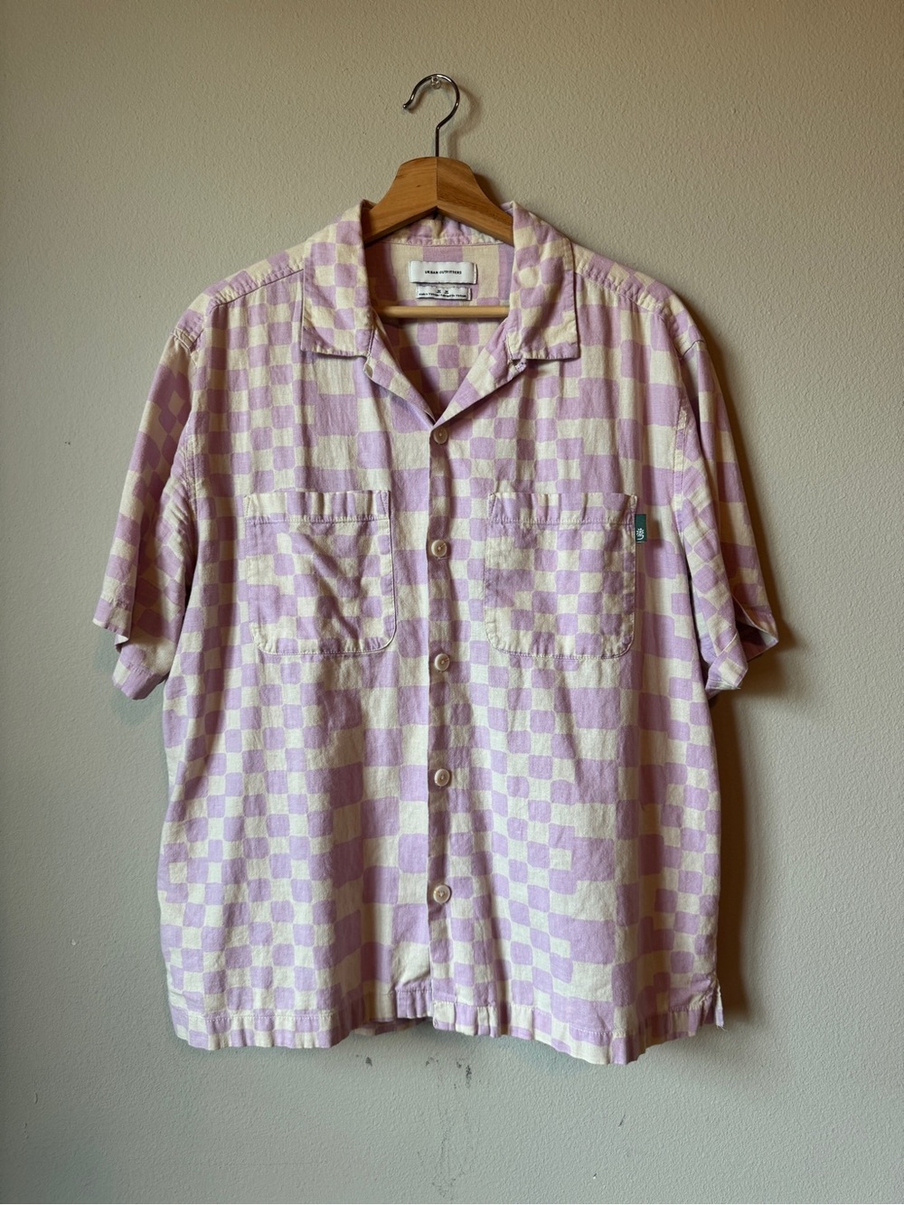 Urban Outfitters Lilac and Cream Checkered Short Sleeve Button-Up